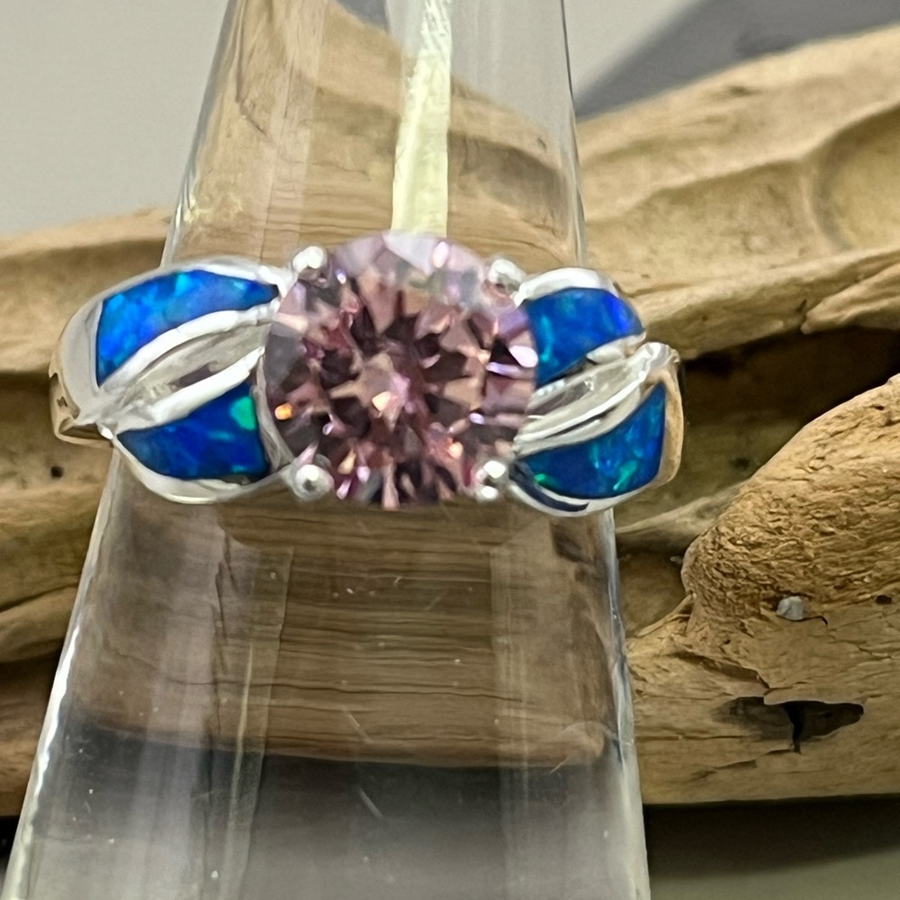 Pink Crystal and Blue Opal Sterling Silver Ring with Wavy Inlay Design